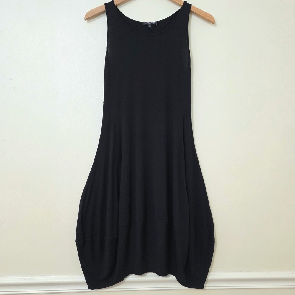 Eileen Fisher Bubble Hem Lantern Dress Sz P Petite Black Sleeveless Minimalist